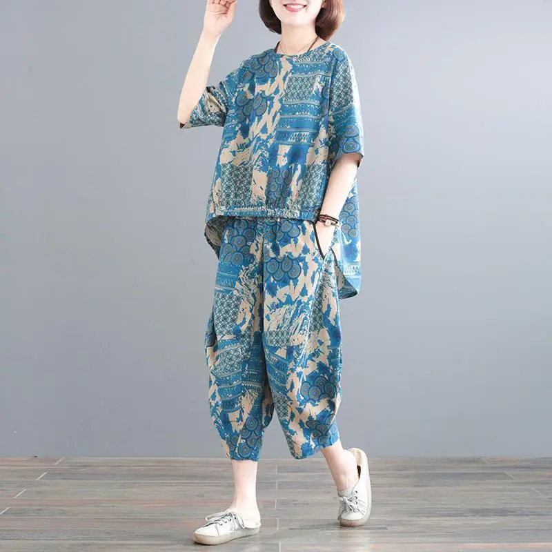 Two Piece Set Women Summer Vintage Ethnic Style Print Loose Irregular Tops Streetwear Harem Capri Pants Female Clothing Outfits