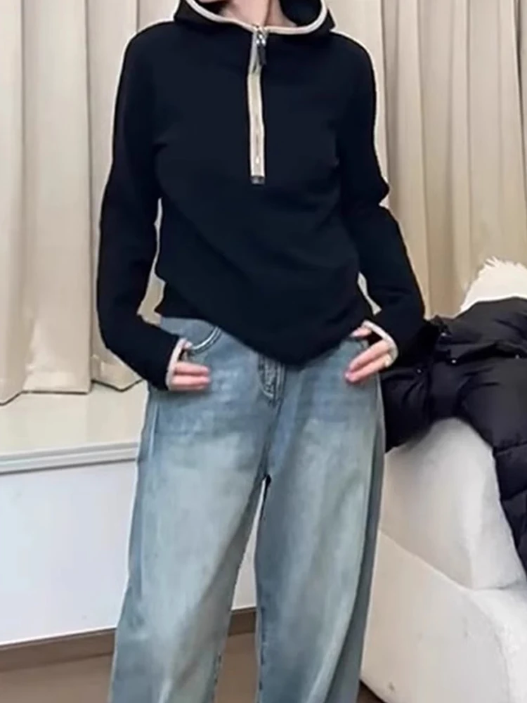 

Laid-ba Sle Hooded Sweatirt Autumn New f Zip Design Sense Woolen Loose Fit Versatile Top Quali Korean Straight Cut