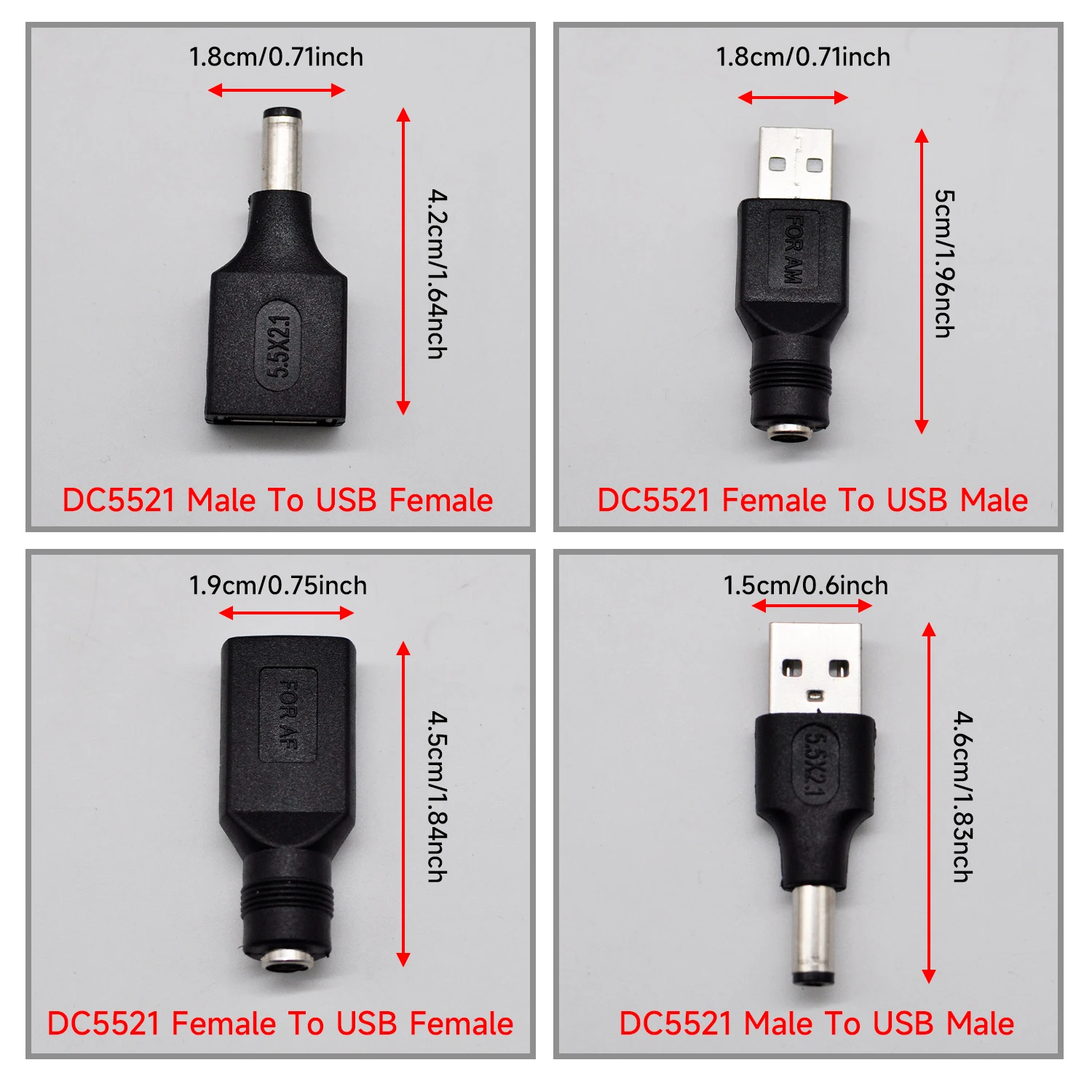 4PCS DC 5.5x2.1mm USB Power Conversion Adapters Universal 4-in-1 Set, Male & Female DC to USB Plug Connectors for Power Supply