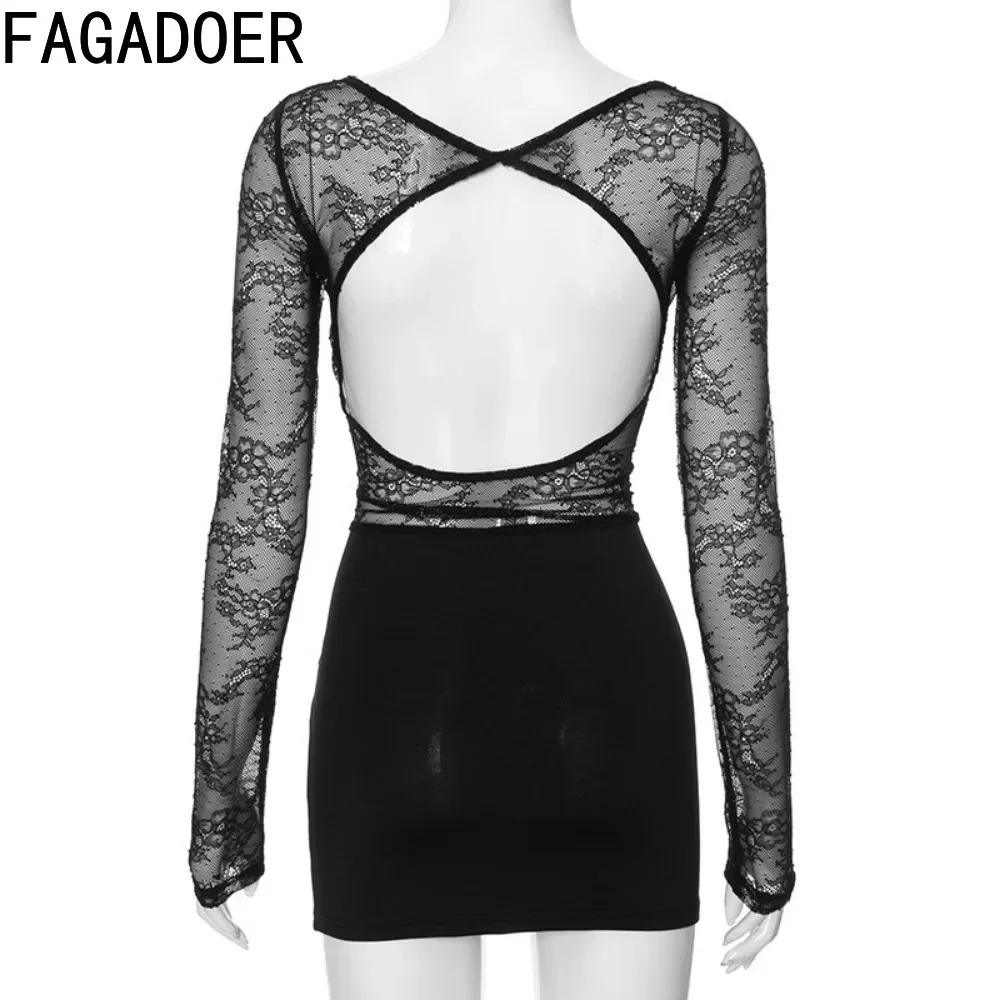 FAGADOER-Mini Vestidos ajustados con perspectiva de encaje para mujer, ropa transparente de manga larga con cuello redondo, color negro, Sexy, 2024