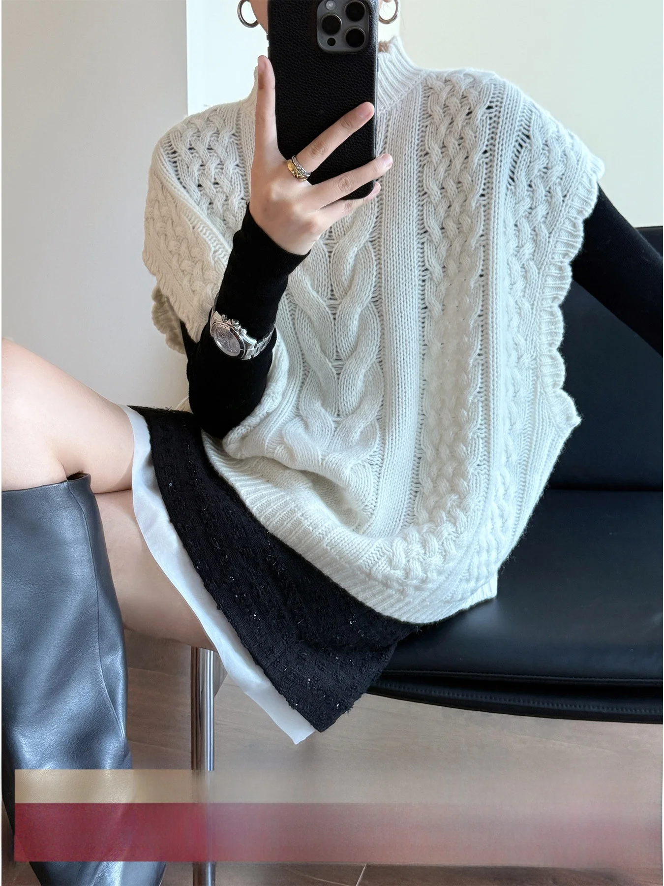 

Вязаный шерстяной жилет Tasyavan с высоким воротником, свободного кроя, в стиле ретро, с узором «косичка», теплый, осенне-зимний, женский свитер