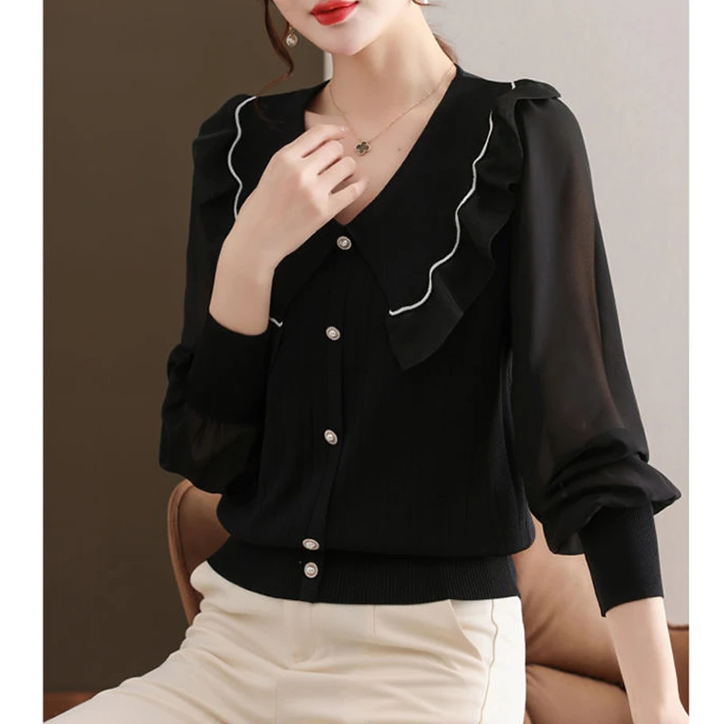 Jersey de punto de manga larga con volantes para mujer, con cuentas blusa elegante blancas y negras, moda femenina