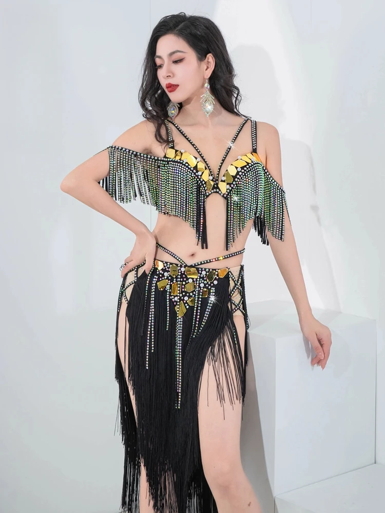 Nuevo estilo traje de actuación de danza del vientre tambor Solo espejo flecos traje de escenario dinámico