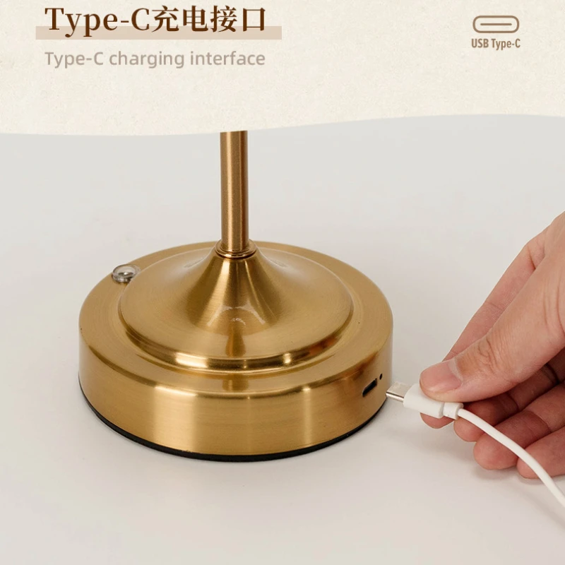 LED Charging Table Lamps Fabric Embossed Lampshade Night Light