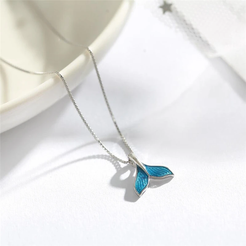 Sole Memory Cute Blue Dripping Glaze Mermaid Fishtail Whale 925 Sterling Silver Necklace For Women Jewelry Birthday Gift NE440 view 3