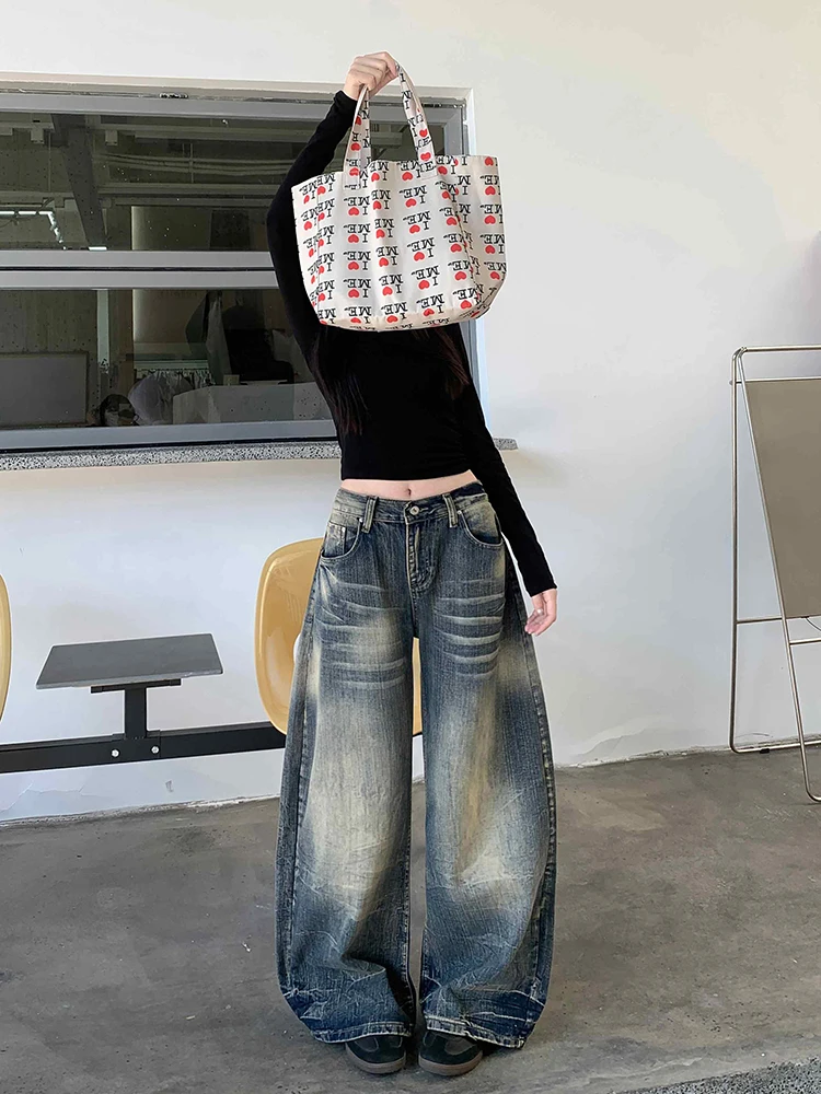 กางเกงยีนส์ทรงแบ็กกี้ผ้าเรดดาชิค แต่งลายวินเทจ สไตล์เกาหลี เอวต่ำ ทรงหลวม ขากว้าง ทรงกระบอก สตรีทแวร์ ยุค Y2K