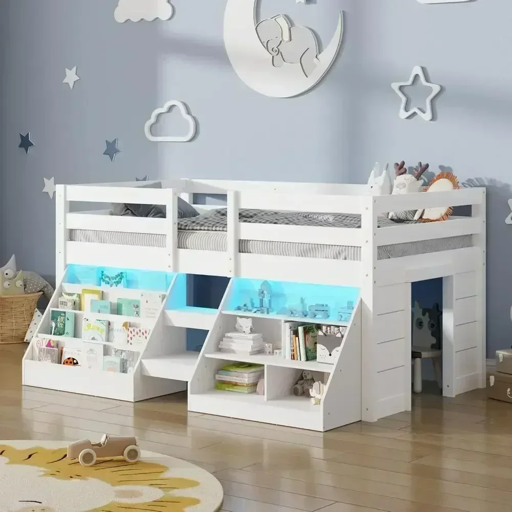 Twin Size Low Loft Bed with LED Lights, Stairs, Bookcase, Safety Rail, and Play Space Underneath, White
