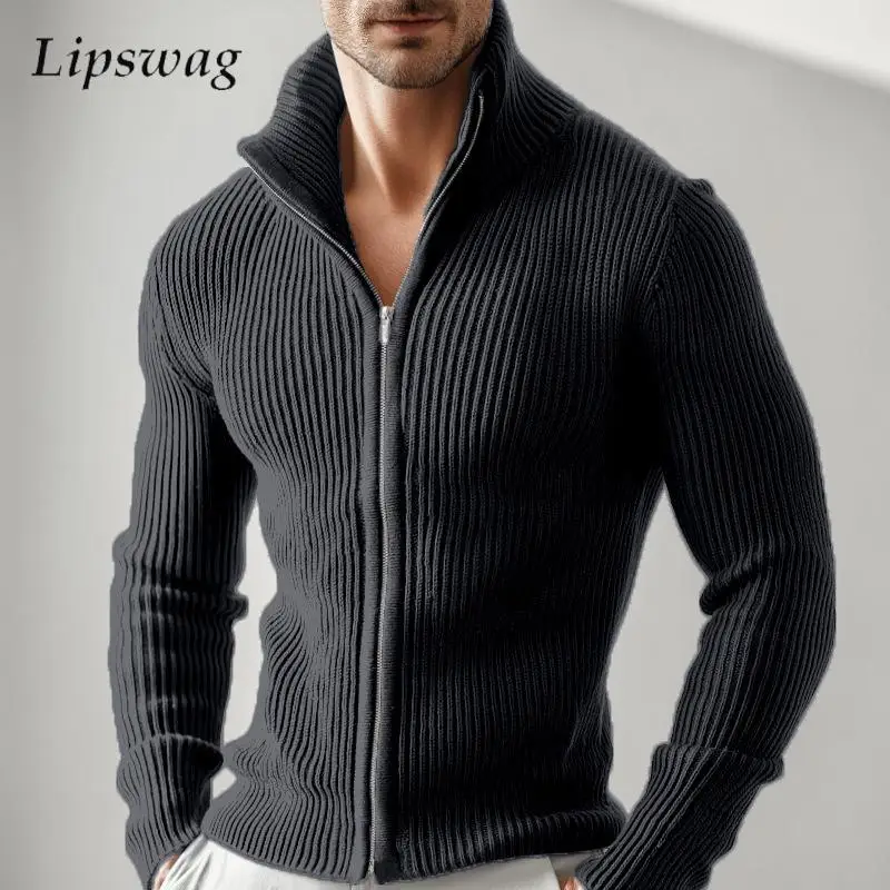Vintage Solid Color Zip-up Mens Jackets Streetwear Fashion Ribbed Cardigan Tops Men Sports Training Long Sleeve Texture Jacket
