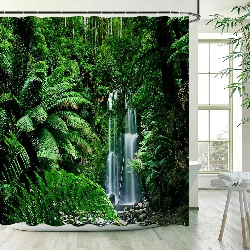 Spring Forest Landscape Shower Curtain Tropical Jungle Plants Waterfall Nature Scenery Curtains Garden Bathroom Decor with Hooks