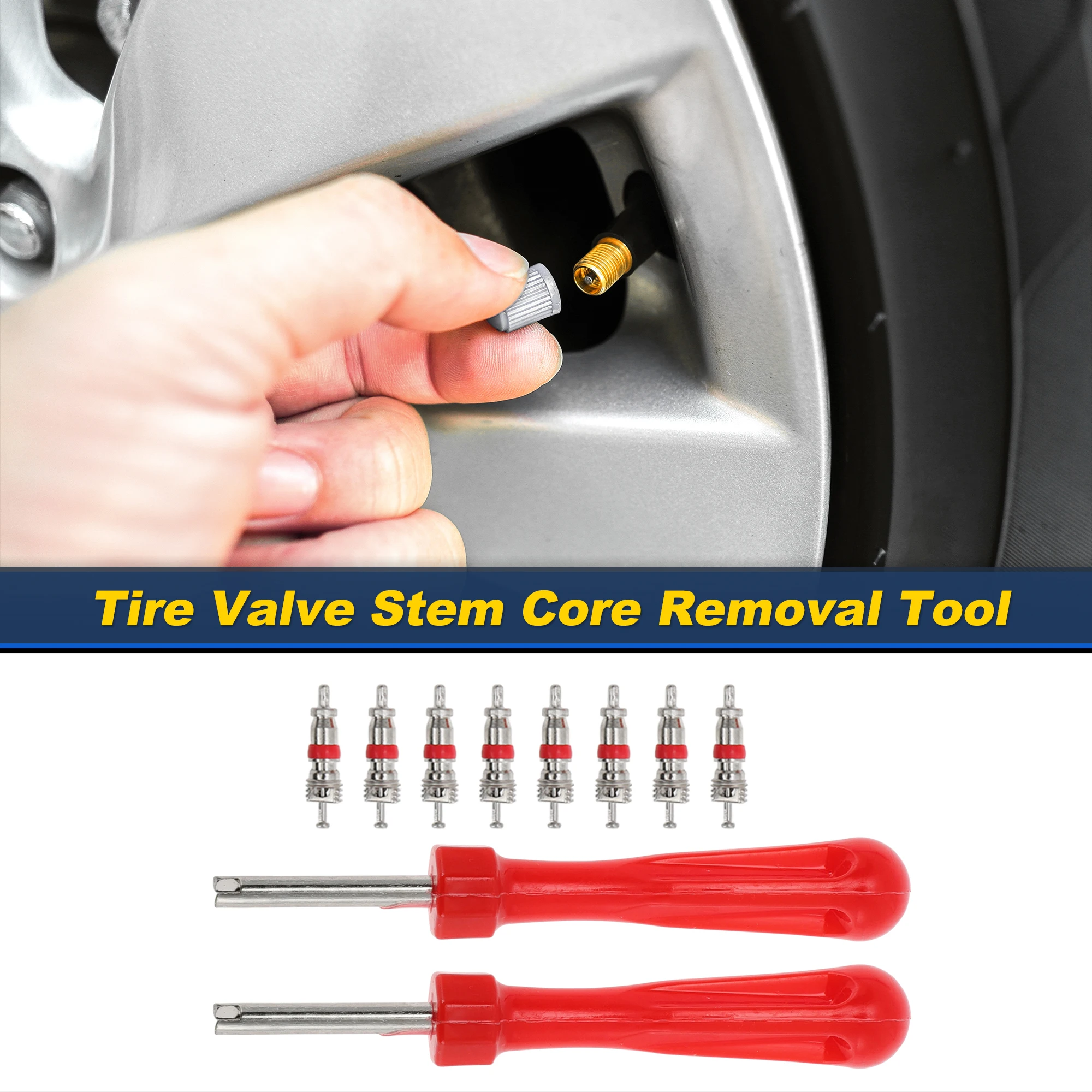 Motoforti Tire Valve Stem Puller Set 2 Pcs Red Single-head Wrench 8 Pcs Valve Core 1 Set