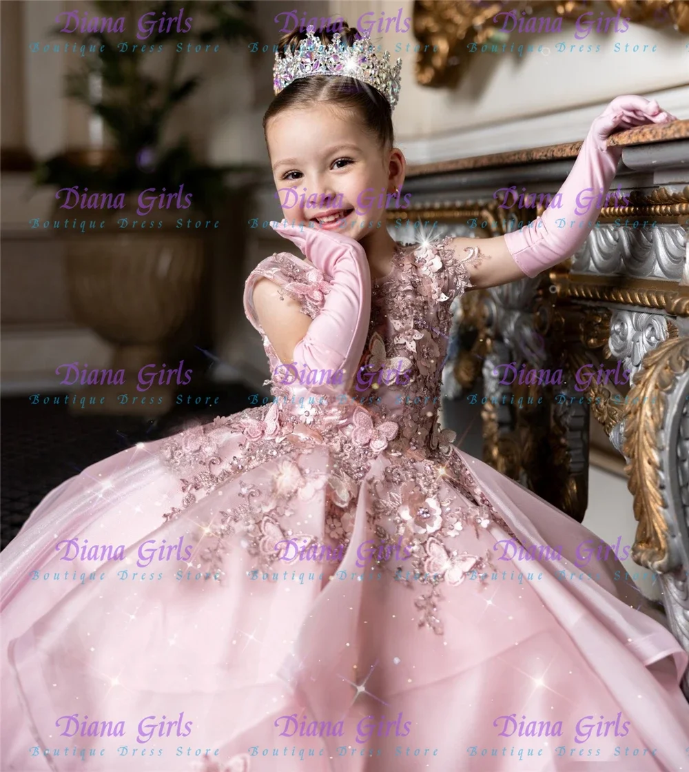 

Quality Lovely Pink Flower Girl Dress Tulle Fluffy with Lace Appliques Crystal Princess Evening Ball Dresses for Weddings Gowns