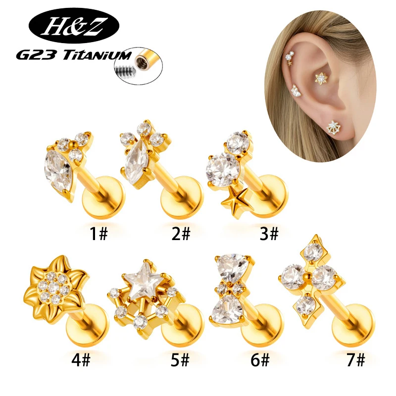1PC G23 Titanium 16G Flower CZ Cartilage Stud Earring Internal Thread Helix Tragus Stud Labret Medusa Earlobe Piercing Jewelry