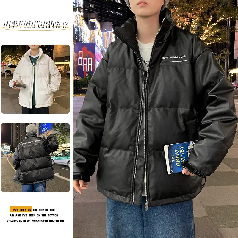 

Sli Men's down Jaet PU Leather ort Thi Autumn Winter Clothes Trendy Brand Fce Lined Outerwear Youth Faion