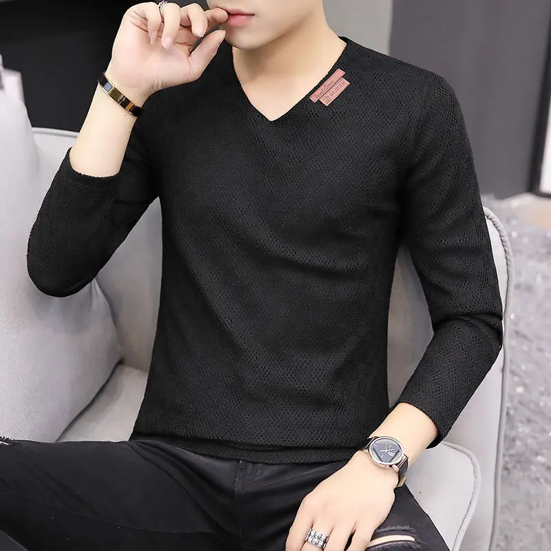 

Spring and Autumn V Neck Male Pullover Harajuku Fashion Xxl Men's T-shirts Luxury 2025 Long Sleeve Japan Designer New Sweatshirt