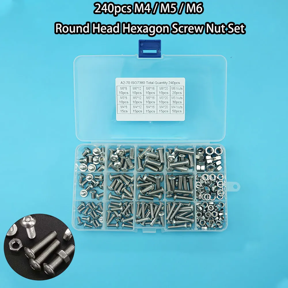 240pcs Stainless Steel Round Head Hexagon Screw Nut Set M4/M5/M6 Thread Hex Socket Cap Head Screws Fastener Hardware Accessories