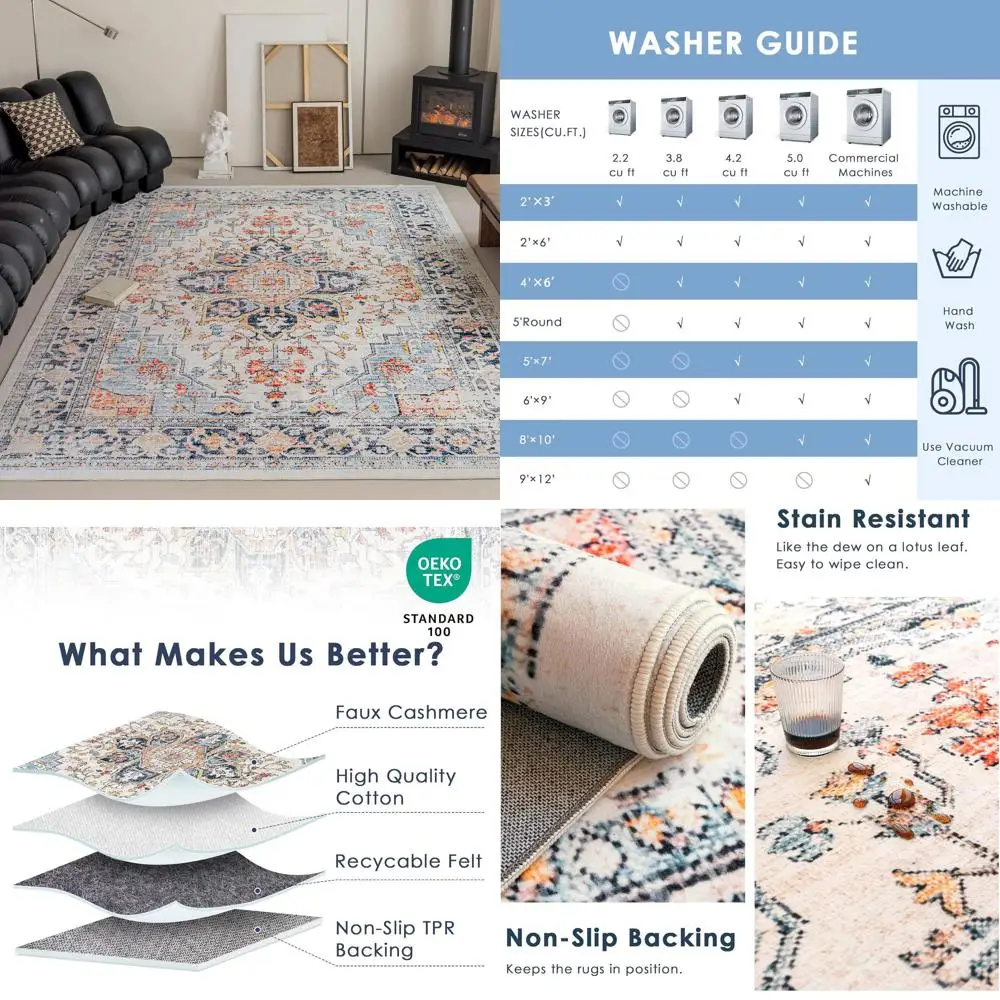 

Vintage Boho Style 5x7 Area Rug, Washable and Stain Resistant, Non-Slip for Living Room and Bedroom, Home Decor Accent