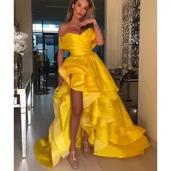 Elegant Yellow Evening Dresses Off Shoulder Ruffles Sweep Train Prom Dresses Robe De Soiree Pleated Formal Party Gown for Women