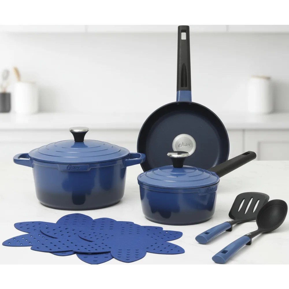 

10-Piece Cast Aluminum Non-Stick Cookware Set, PFOA-Free Ceramic Coating, Blue - Perfect for Home Chefs