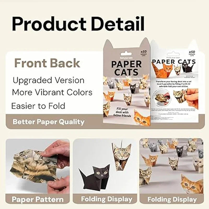 Gats en papier DIY - 50 feuilles de papier Origami DIY pour plier des figurines de chat mignonnes, décoration de bureau d'activité artisanale amusante et cadeau pour les amoureux des animaux de compagnie