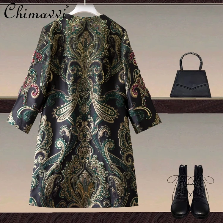 Jacquard Bronzing Heavy Bead Single-breasted Trench Coat Womne 2025 Autumn New Loose Round Neck Commuter Coat Loose Coats Trench