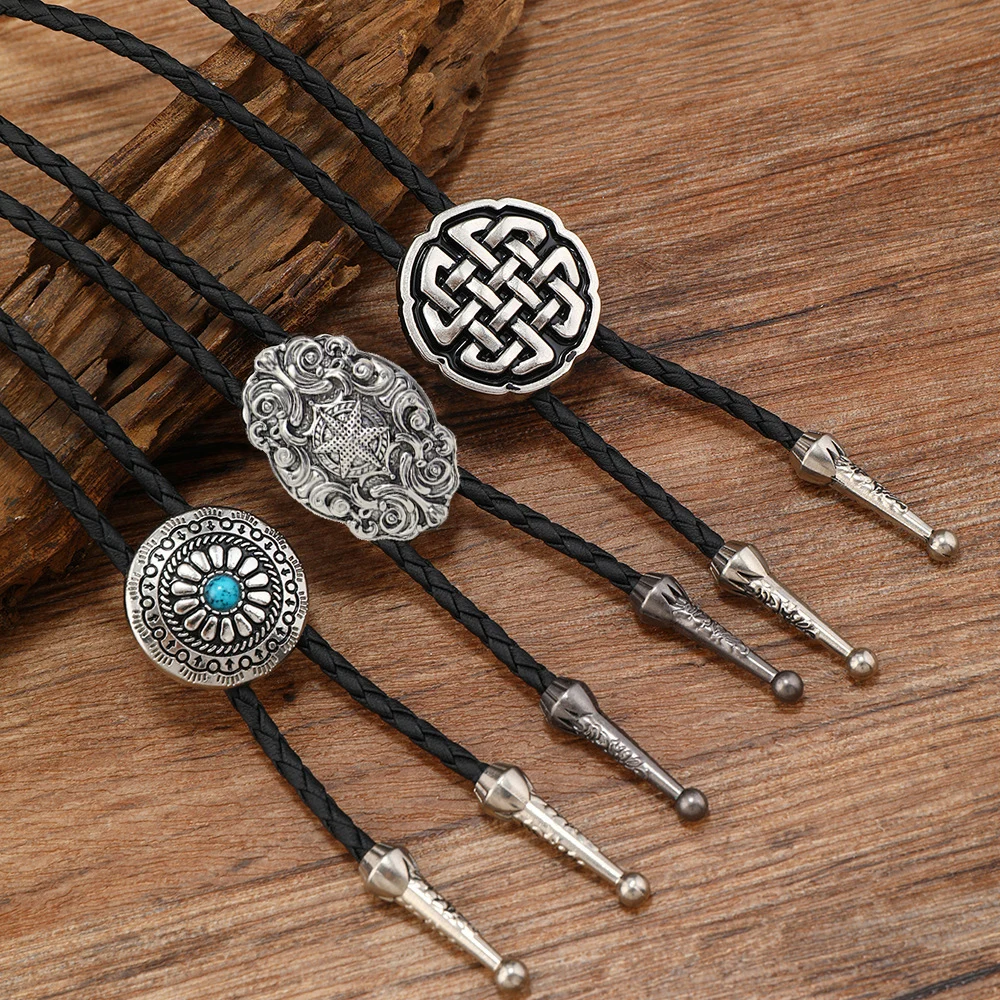 Vintage Leather Rope Bolo Tie for Men Women Western Cowboy Necktie Balo Tie Bull Circular Cross Star Pendant Fashion Necklace