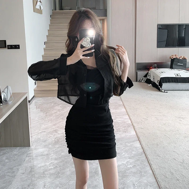 Elegant Slim Mesh Dress Women for 2023 Autumn Fashion with Black Sunscreen Cardigan Korean Office Lady Mini Dresses Long Sleeved