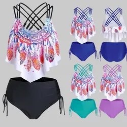 Sexy Feather Print Tankini Set High Waist Mini Shorts Tops Swimsuit Women Push Up Swimwear Sets Beach Mujer Bikini Biquini Suit