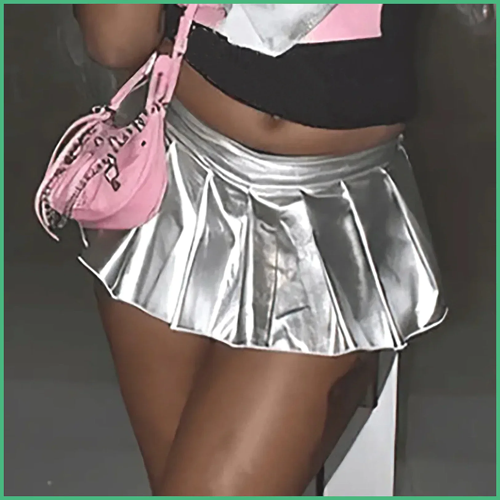 Silver Metallic Mini Skirt for Women, Y2K Low Waist Pleated Leather Skirt, Sexy Clubwear with Ruffles