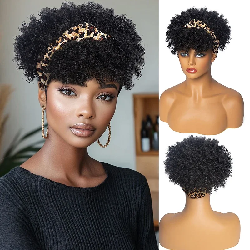 Synthetic Headband Wig for Women Short Kinky Curly Headband Wig with Bangs 10'' Afro Puff Curly Scarf Wig Cosplay Heat Resistant