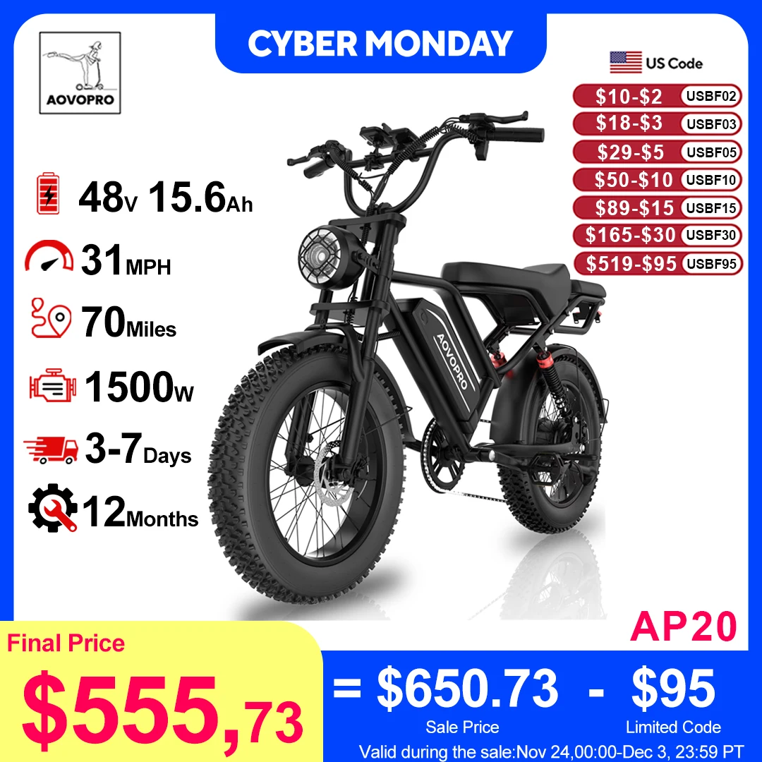 

AOVOPRO Electric Bike 1500W Peak 20" Fat Tire 31mph Top Speed 70 Miles Max Range for Road Sand Mountain Snow Electric Motorcycle
