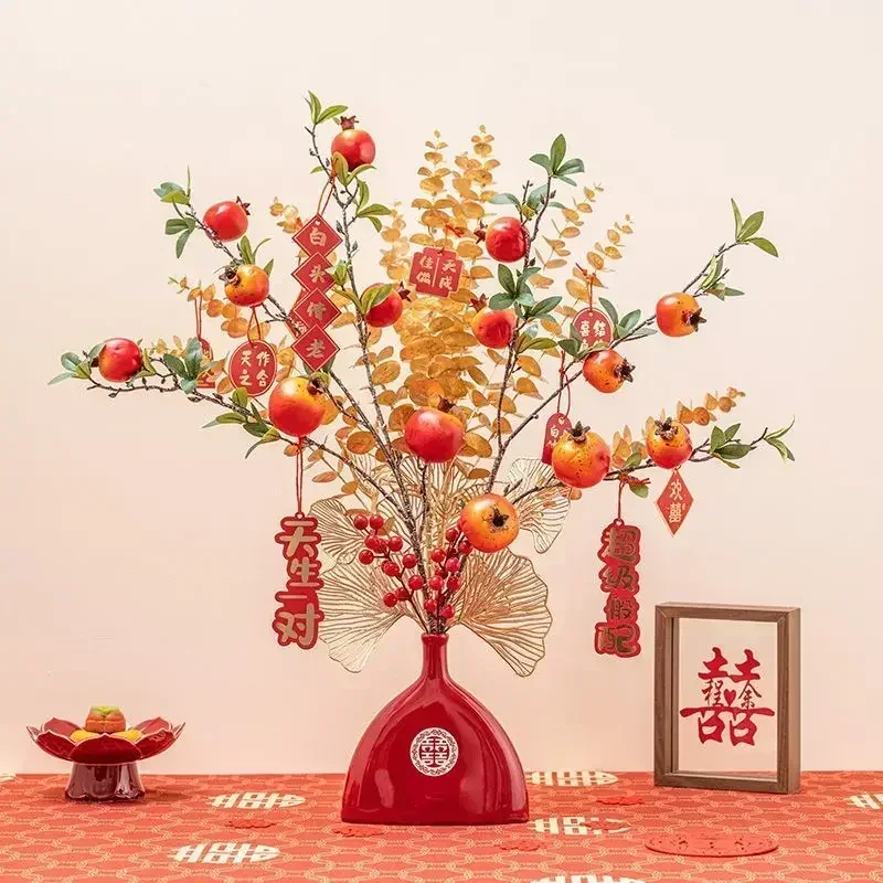 Simulation Red Fruit Ceramic Vase Decoration Wedding Opening New Year Furnishing Crafts Home Coffee Table Ornaments Accessories