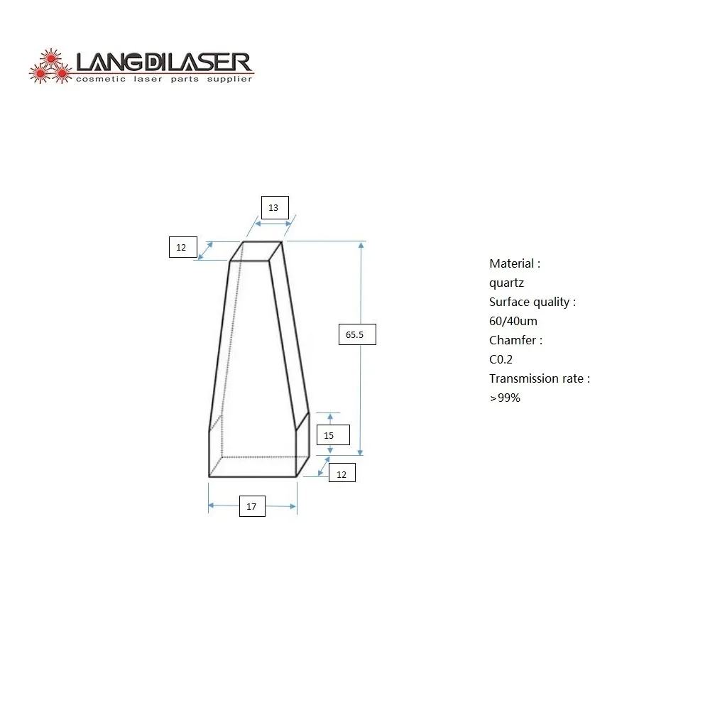 

Size : 65.5(15)*17(13)*12mm / Diode Laser Prism Crystal / Material : Fused Silica / with AR@808nm Film Coating