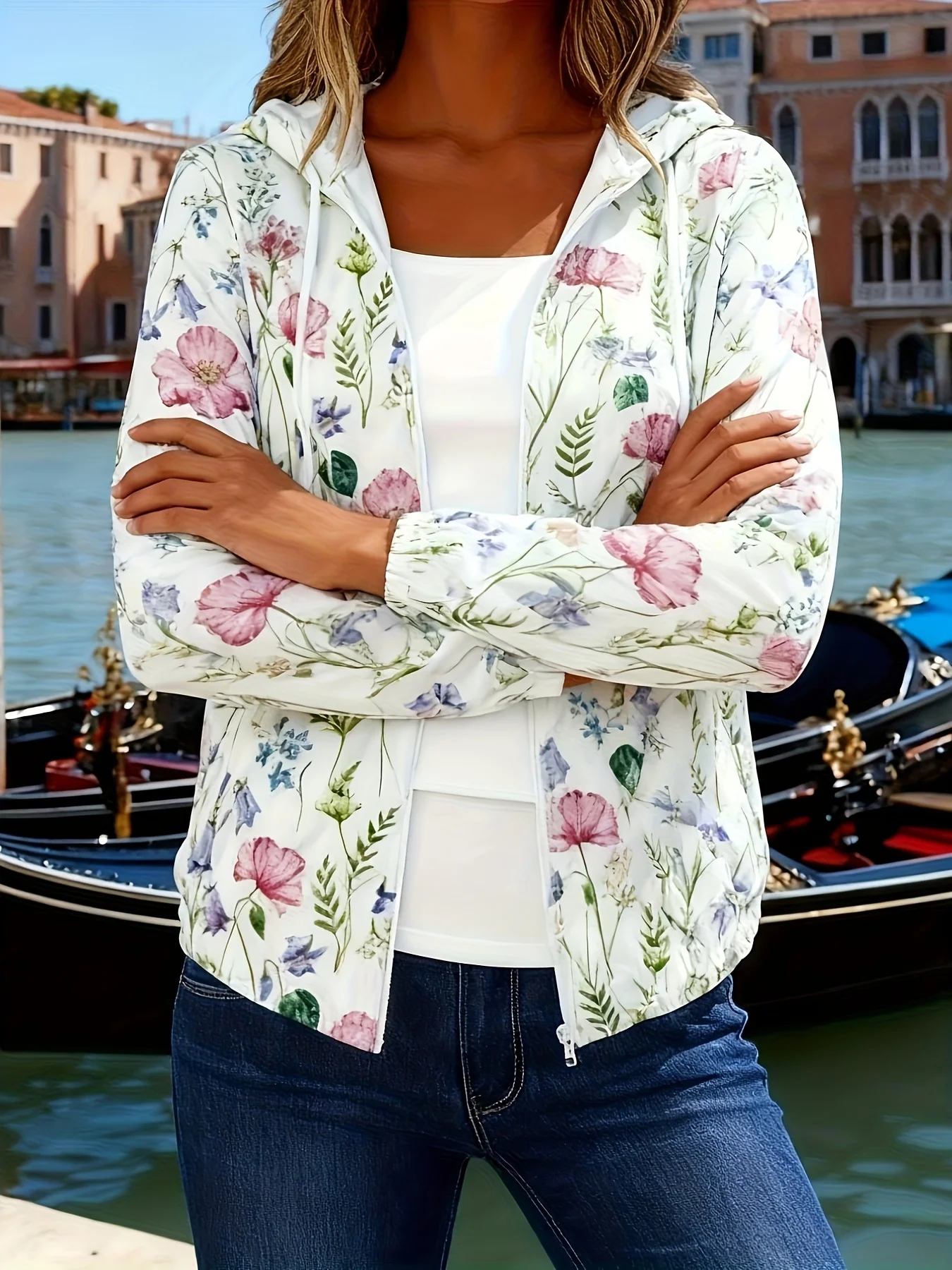 Frühling-Herbst Freizeitjacke für Damen im lässigen Stil mit Blumenmuster in Rosa und Lila
