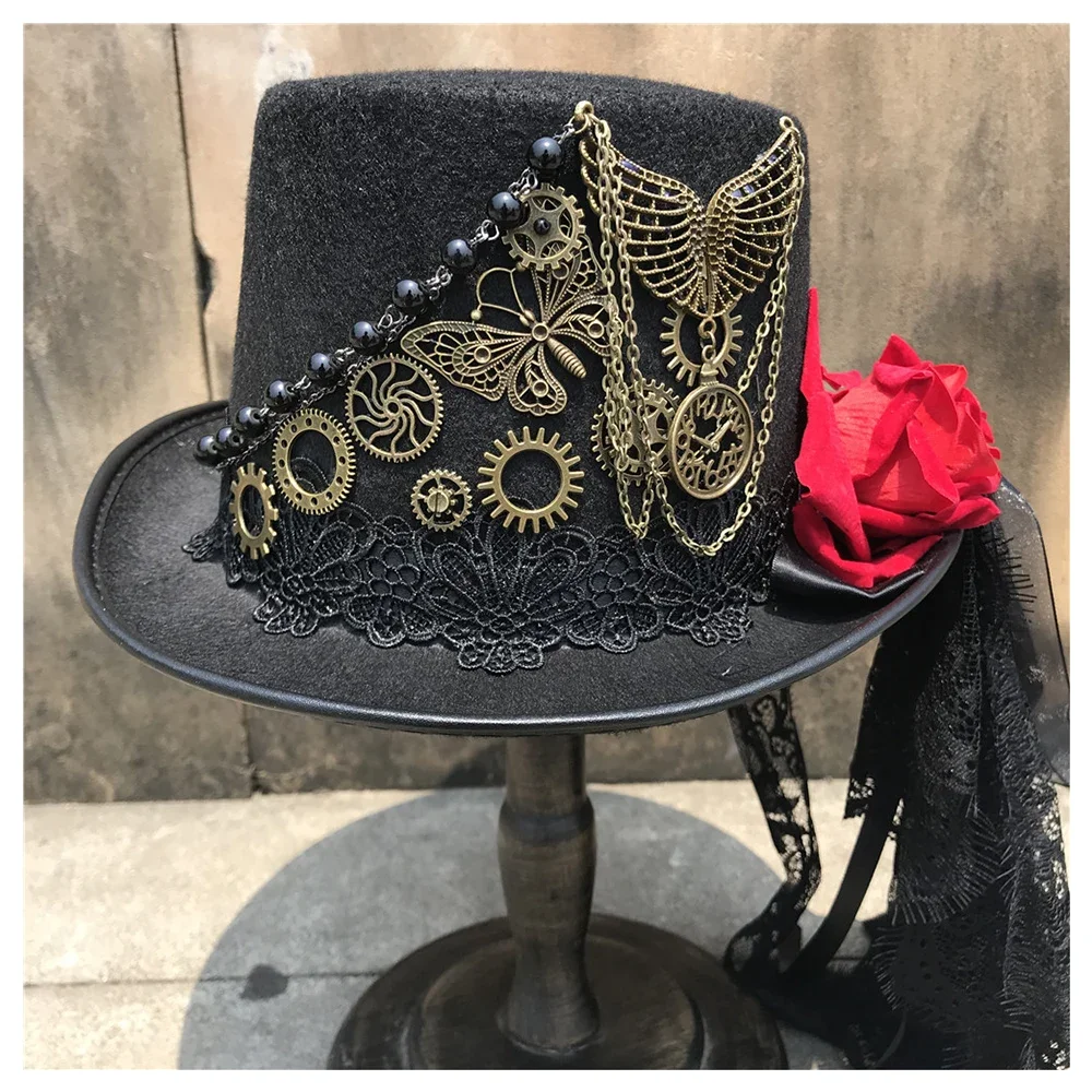 Women Handmade Steampunk Top Hat With Metal Gear And Flower Stage Magic Hat Cosplay Hat Size 57CM