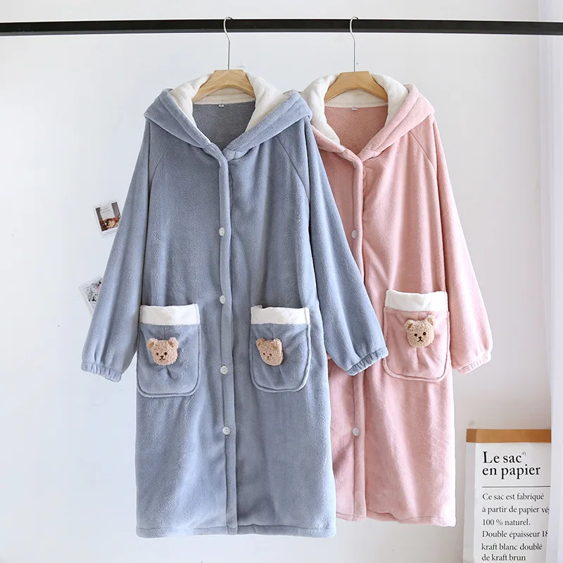 

Winter Single Breasted Kimono Bathrobe Warm Flannel Nightwear Loose Peignoirs Sweet Bear Pocket Nightgown Robe for Women