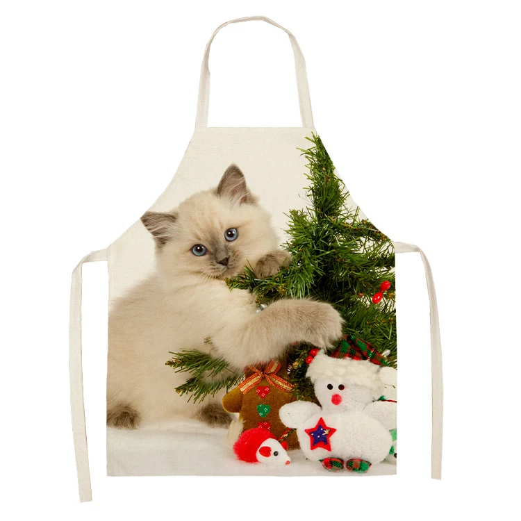 Christmas Cute Santa Hat Cat Dog Pattern Linen Stain Resistant Sleeveless Apron Baking Accessories Kitchen Cooking