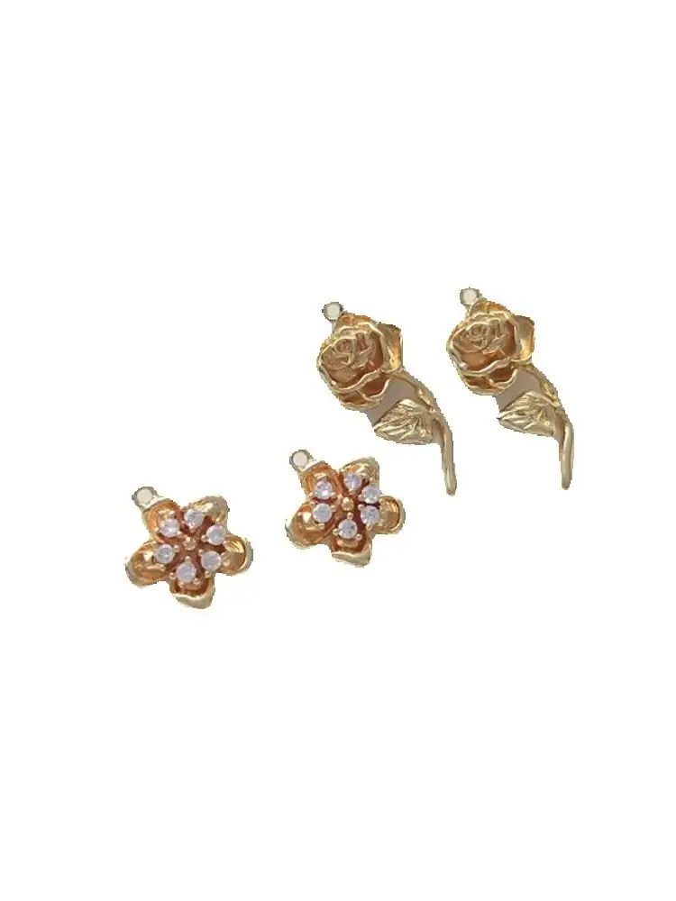 14K Gold Package Zircon Flower with Branch and Leaf Rose Pendant Handmade Earrings Necklace Bracelet DIY Jewelry Pendant