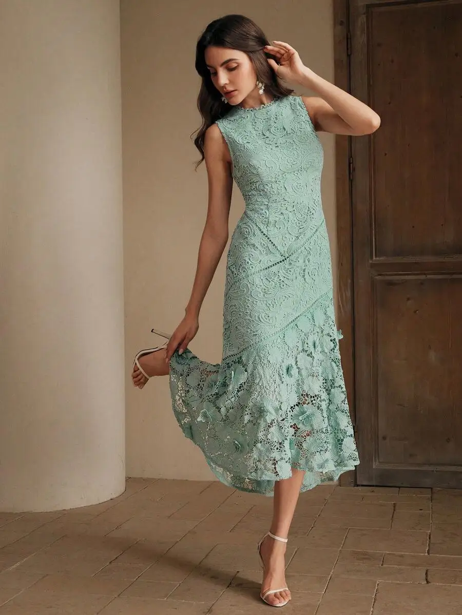 

Mint Green Lace Midi Dress, Sleeveless Round Neck With 3D Floral Appliqués, Asymmetrical Hemline For Spring Summer