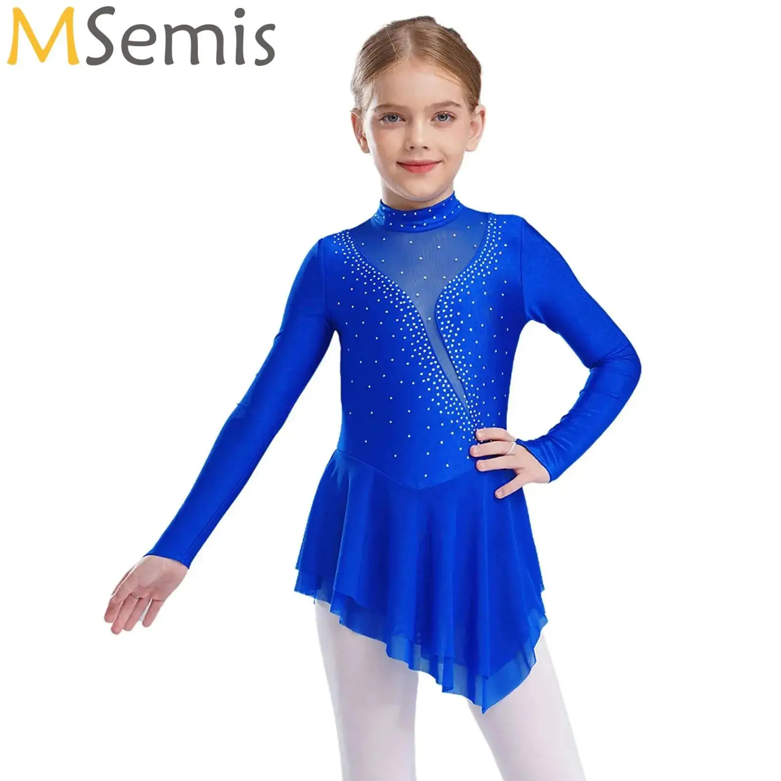 

Kids Girls Figure Skating Performance Costume Sheer Mesh Rhinestones Ballet Gymnastics Leotard Tutu Lyrical Dance Dress