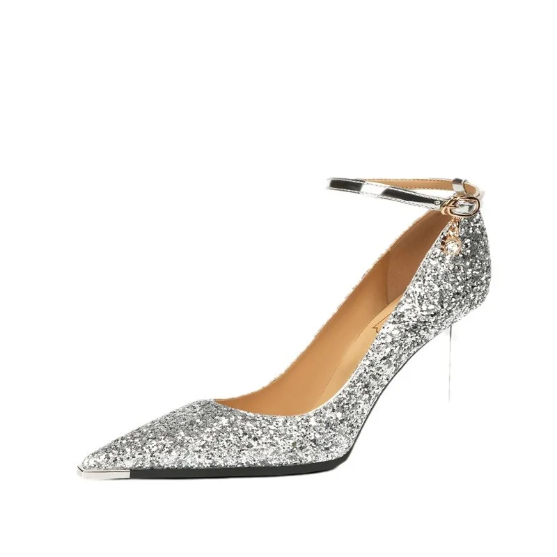 

908-2 Туфли на высоком каблуке из овчины с блестками, темпераментные банкетные туфли с женской обувью, женские одинарные туфли с острым металлическим дизайном