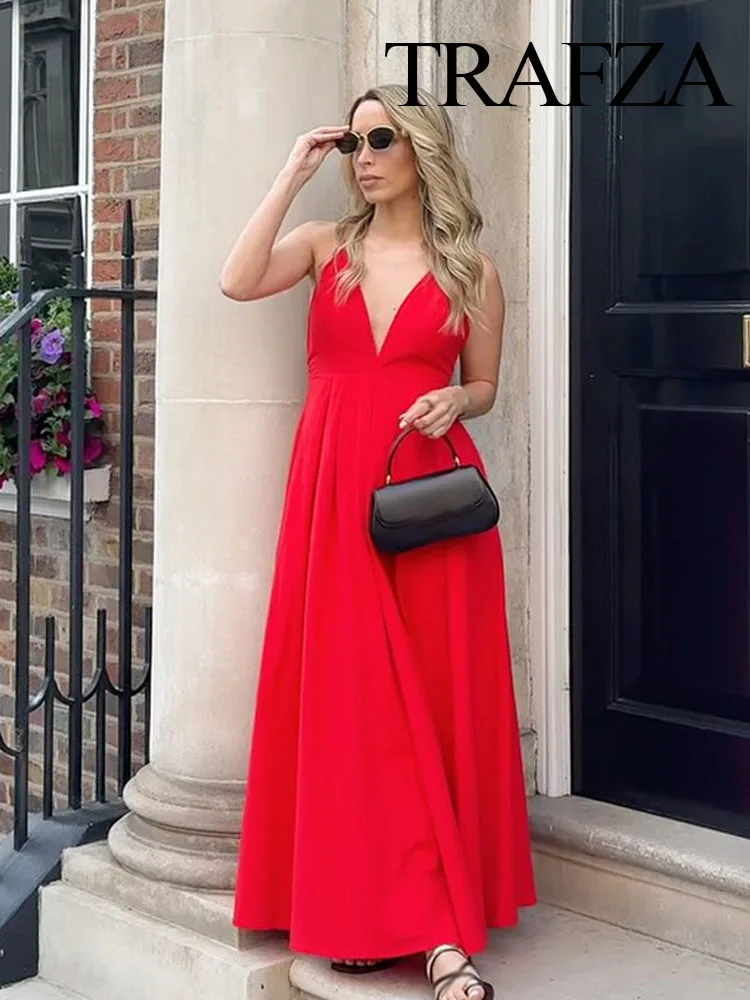 

TRAFZA Summer 2025 Woman Solid V-Neck Back Zipper Lace-up Midi Dress Women Sexy Sleeveless Backless Pleated Decorate Dress