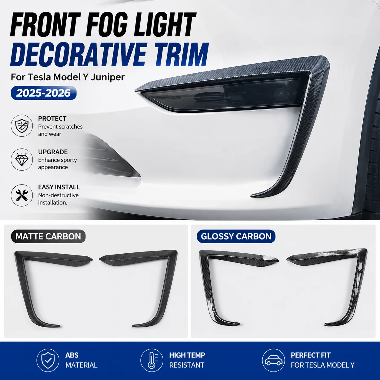 

For Tesla Model Y Juniper 2025-2026 Front Fog Light Trim Cover Split ABS Carbon Fiber Style Scratch Resistant Exterior Decor