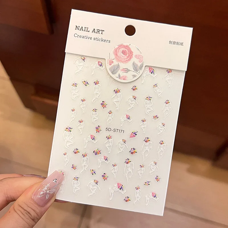 

A Sheet Of 5D Gothic Lolita Stickers - White Skeletons & Strawberry Flowers For Nails/Phone/Journal/DIY Crafts
