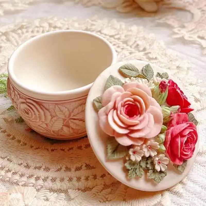 

R3MC 2Pcs Rose Decorative Silicone Storage Box Mold for DIY Craft Jewelry Storage