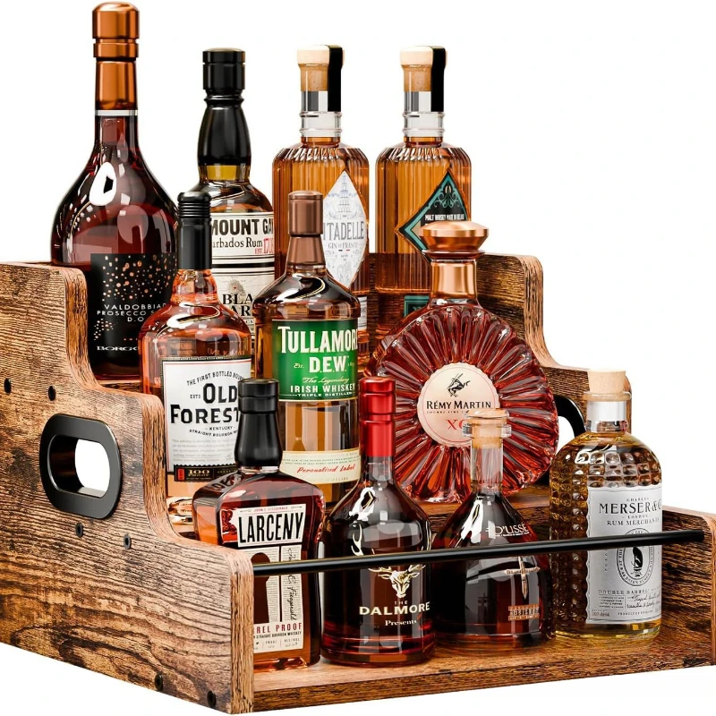 رف عرض النبيذ من الحديد والخيزران - منظم توابل على سطح الطاولة موفر للمساحة مع رف عرض تخزين بتصميم مضاد للرطوبة