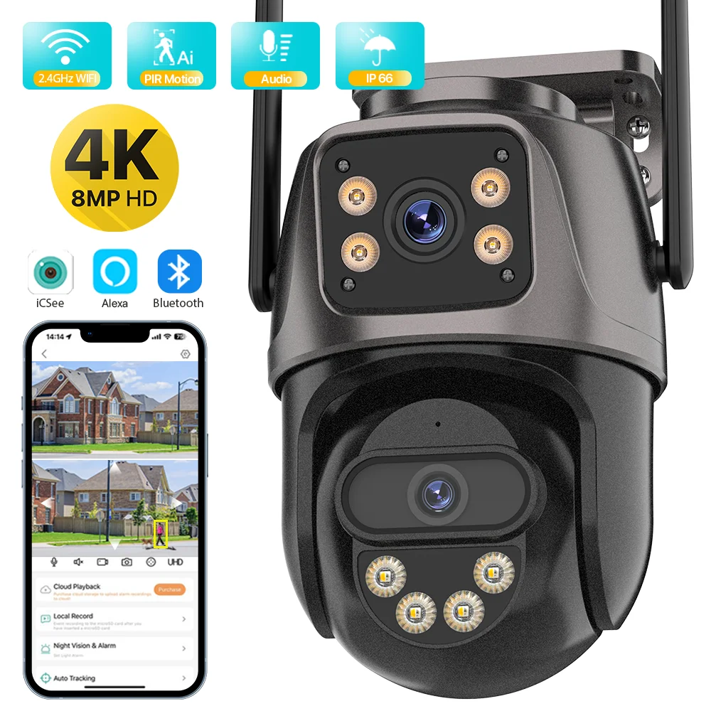 

Wi-Fi Ptz камера 4k 8MP двойной объектив двойной экран камера цвет ИК ночное автоматическое отслеживание беспроводное видеонаблюдение P2p наблюдение Icsee