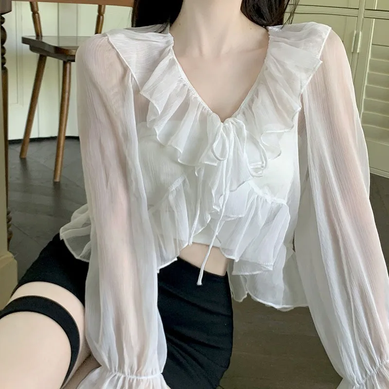 Women\'s Chiffon Cardigan Cropped Lace-up Sunscreen Tops Flared Long Sleeve Ruffled Blouse Lightweight Sun Protection Tops