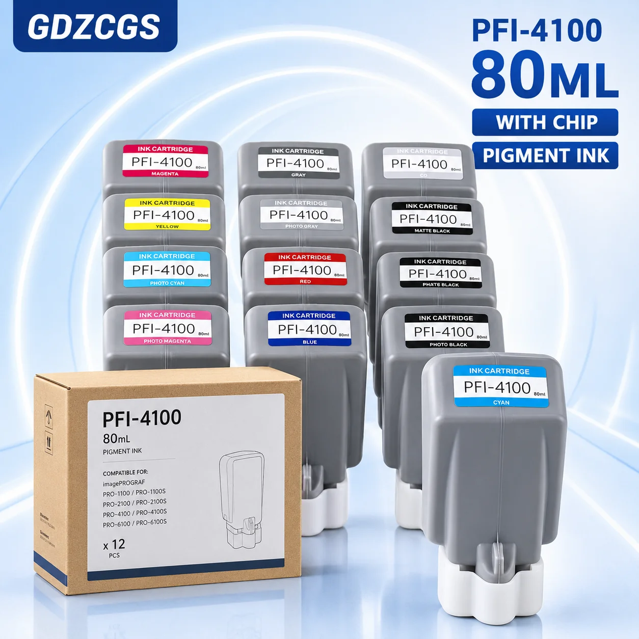 PFI-4100 PFI4100 Ink Cartridge Pigment Ink Compatible For Canon imagePROGRAF Pro-1100 Pro1100 Printer 12 colors 80ML
