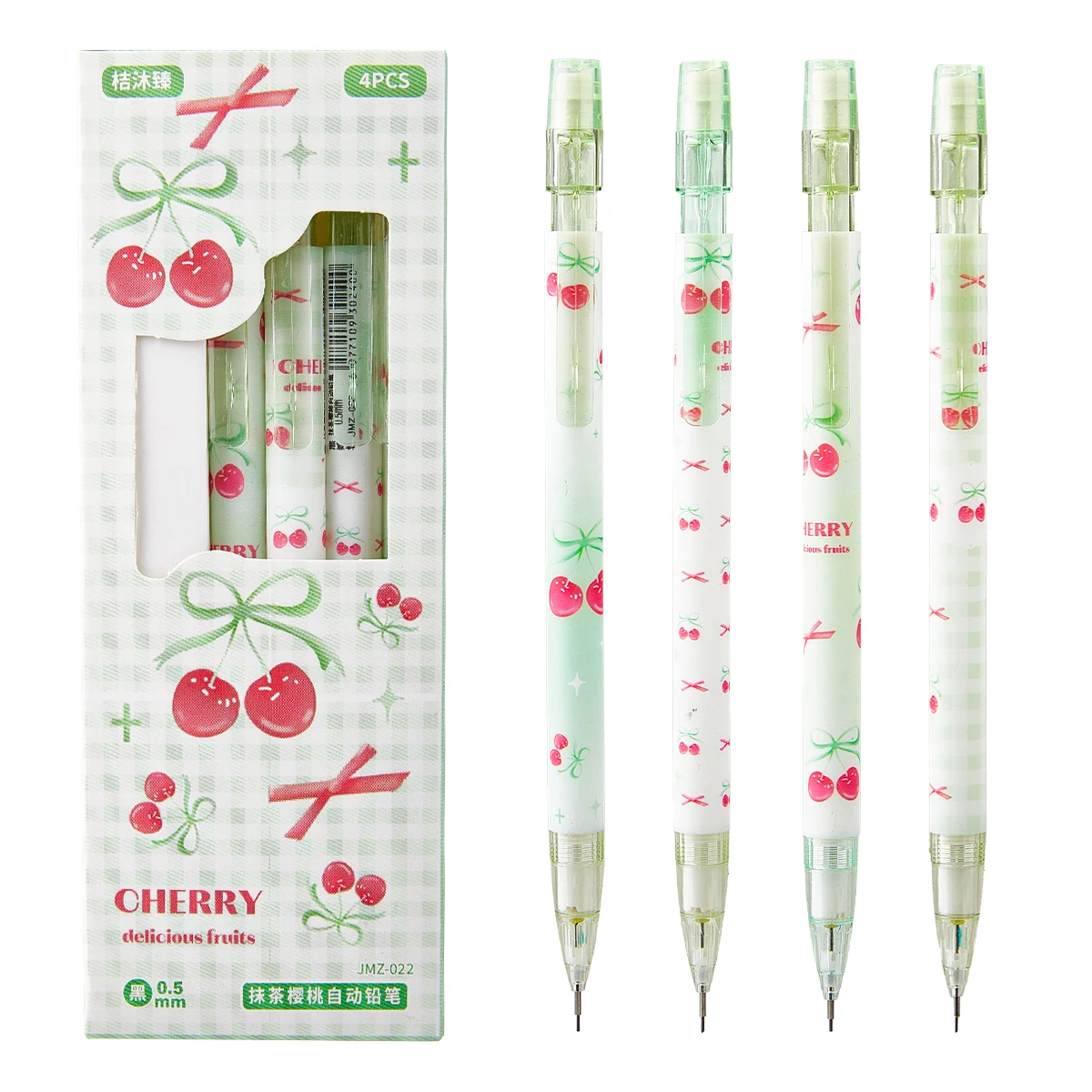 

4-piece cherry-patterned push-button mechanical pencil, 0.5mm mechanical pencil with built-in eraser.