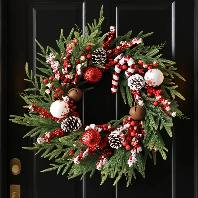 

Christmas Wreath Decoration,Front Door Christmas Wreath,with Candy Cane,Snowflake Christmas Ball Ornaments,Artificial Pine Cones